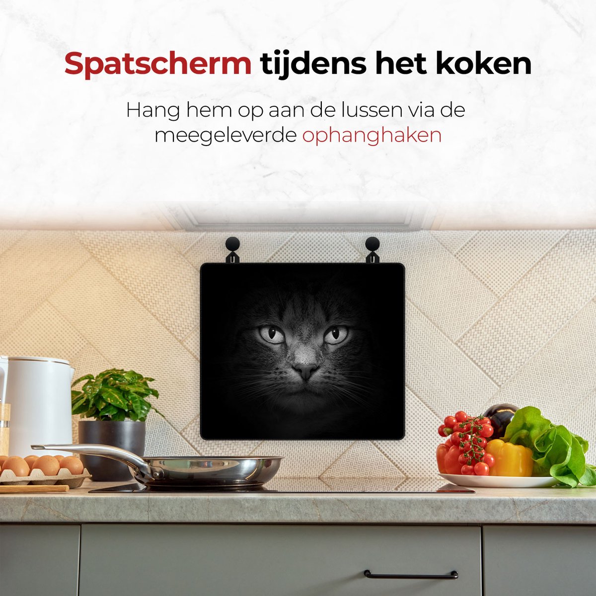 Spatscherm beschermer kat aan de muur tijdens het koken